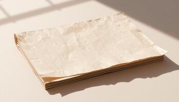 A stack of old paper on a table photo