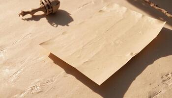 A piece of paper laying on a table with a stick photo