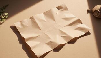 Paper crumpled on a table with a plant photo