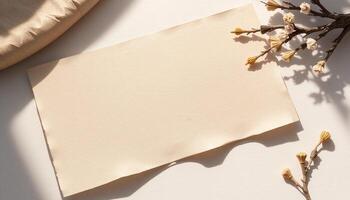Blank paper and a branch on a white surface photo