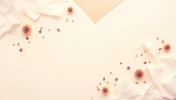 A heart shape with crumpled paper and flowers on a white background photo