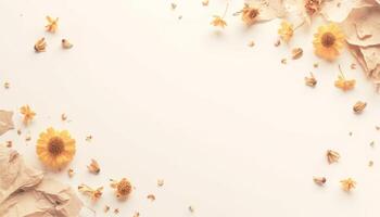 Yellow flowers and crumpled paper on a white background photo