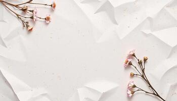 A white paper background with flowers and crumpled paper photo