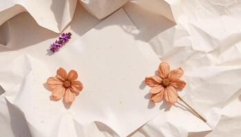 Two flowers are placed on top of a piece of paper photo