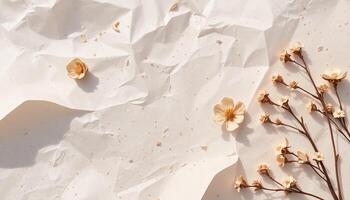 A flower is placed on top of a crumpled paper photo