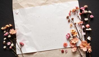A piece of paper and flowers on a black background photo