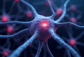 A close up of a neuron with glowing red light photo