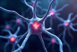 Neurons with glowing red spots photo