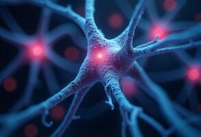 A close up of a neuron with glowing red spots photo