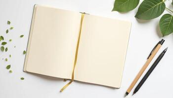 An open notebook with pencils and leaves on a white background photo