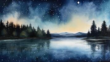 lake water color night sky photo