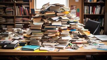 workspace stack of books on desk photo