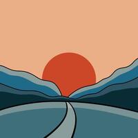 Sunset over the mountains with a road in a minimalist style design illustration vector