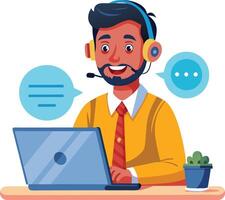 Customer Support Agent with Headset Working on Laptop vector