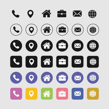 Contact and Location Icon Set Featuring 36 Line Art Symbols Representing Phone Location House Briefcase Envelope and Globe in Various Styles for Digital and Print Design vector