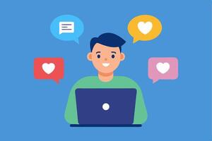 Smiling man uses laptop with social media notifications and positive reactions displayed vector
