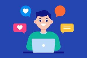 Happy man with laptop and social media notifications of likes and comments vector