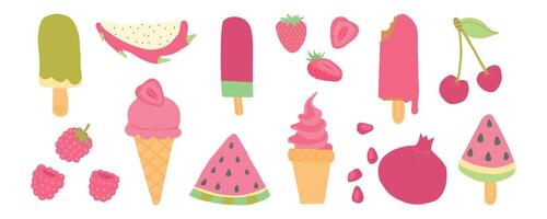 Vivid red and pink ice cream, ice pops, and berries including watermelon, cherry, and raspberry deliver bold, fruity vibes for summer sweets vector