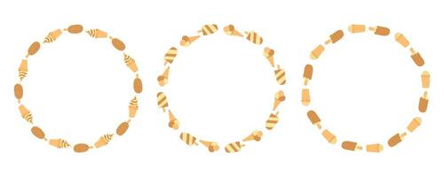 Round frame of caramel ice cream, chocolate ice pops, vanilla cones, and crispy swirls in a bright pattern, perfect for summer dessert decoration and design vector