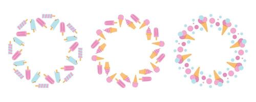 Pastel ice cream and ice pops wreaths in pink and blue shades create a bright, fun summer pattern ideal for party invitations and frozen dessert themes vector