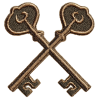 Crossed vintage keys embroidery patch with golden thread design on black fabric background creating classic and elegant look png
