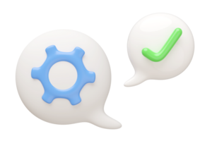 3D checkmarks and gear with chat bubble. Ideal for confirmation, technology, communication concept.Simple, clean, modern design. tick marks and cogwheel. Represents approval, industry and engineering. png