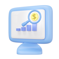 3D computer monitor with magnifying glass, dollar coin, bar graph isolated. Ideal for web analytics, social media concepts. Represents internet, digital communication, 3d render illustration png