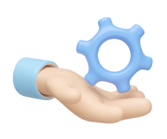 3D hand holding with gear icon. Ideal for technical support and teamwork concepts. Cartoon style, Great for engineering. Represents customer support and online consultation. png