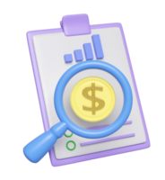 3d magnifying glass with clipboard, checklist paper, dollar coin, bar graph isolated. analysis business financial data, business strategy concept, 3d render illustration png