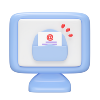 3D Computer monitor with envelope, at symbol isolated. notify newsletter, online social network, incoming email concept, minimal design, cartoon style, 3d illustration render. png