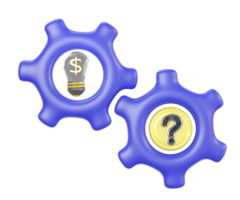 3d cartoon question mark in gear icon with light bulb, coins isolated. investment business target, startup idea concept, 3d illustration render png