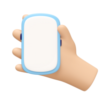 3d cartoon hand holding smartphone isolated. hand using mobile phone, screen phone template, empty screen phone mockup, minimal concept, 3d render png