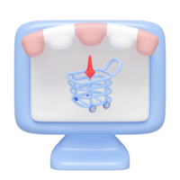 3D computer store front with shopping cart isolated . Ideal for online shopping , represents e commerce and online retail. cartoon style, minimal design, 3d render illustration png