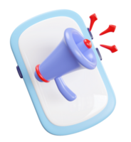 3d megaphone or loudspeaker, hand speaker icon with smartphone isolated. announcement alert concept, 3d render illustration png