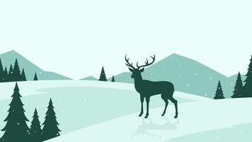 Wildlife landscape of reindeer in a winter scenery. Panoramic view of reindeer on a snowy hill with coniferous trees. Scenery landscape with reindeer on a cold season vector