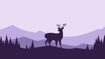 Wildlife landscape of deer silhouette on a mountain ridge scenery. Panoramic view of deer on a hill with coniferous tree. Scenery landscape with deer in the pine forest vector