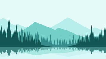 Landscape of mountain lake scenery. Panoramic view of mountain and pine forest with serene lake. Scenic tranquil landscape with coniferous trees and mountain reflection on the water vector