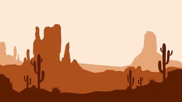 Desert landscape of canyon scenery with cactus and butte. Panoramic view of wild west desert with cacti and a sunset sky. Scenic arizona desert with buttes and mesas vector
