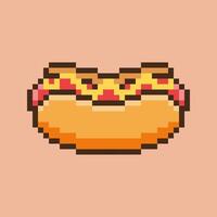 Retro Pixel Hot Dog, a vibrant 8-bit style illustration of a classic hot dog topped with mustard and ketchup. This nostalgic pixel art brings a fun and playful vibes. vector