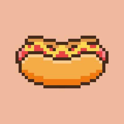 Retro Pixel Hot Dog, a vibrant 8-bit style illustration of a classic hot dog topped with mustard and ketchup. This nostalgic pixel art brings a fun and playful vibes.