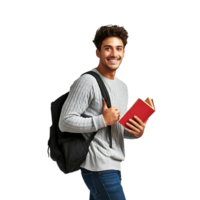Smiling student with backpack and book isolated on transparent background png