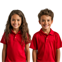 Smiling boy and girl in red polo shirts isolated on transparent background png