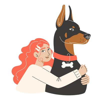 Cute curly red-haired girl hugs a big Doberman dog. Flat style illustration of child and pet friendship.
