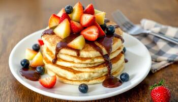 Soft and pillowy pancakes topped with fresh strawberry, blueberry, and pineapple with chocolate photo