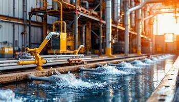 Water aeration system in industrial wastewater treatment plant with pipes and splashing water photo