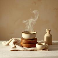 Steaming cup on wooden coaster with ceramic bottle and cup on soft cloth in warm light photo