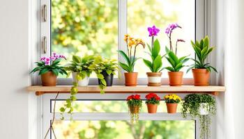 Narrow shelf with colorful potted plants and flowers brightens sunny window space photo