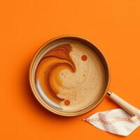 Coffee cup with creamy swirl and foam art on bright orange background with napkin photo
