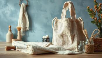 Natural jute bag with cozy textile and decorative items on wooden table in warm light photo