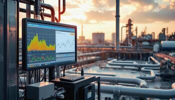 Industrial control system with data charts on screen at factory during sunset photo